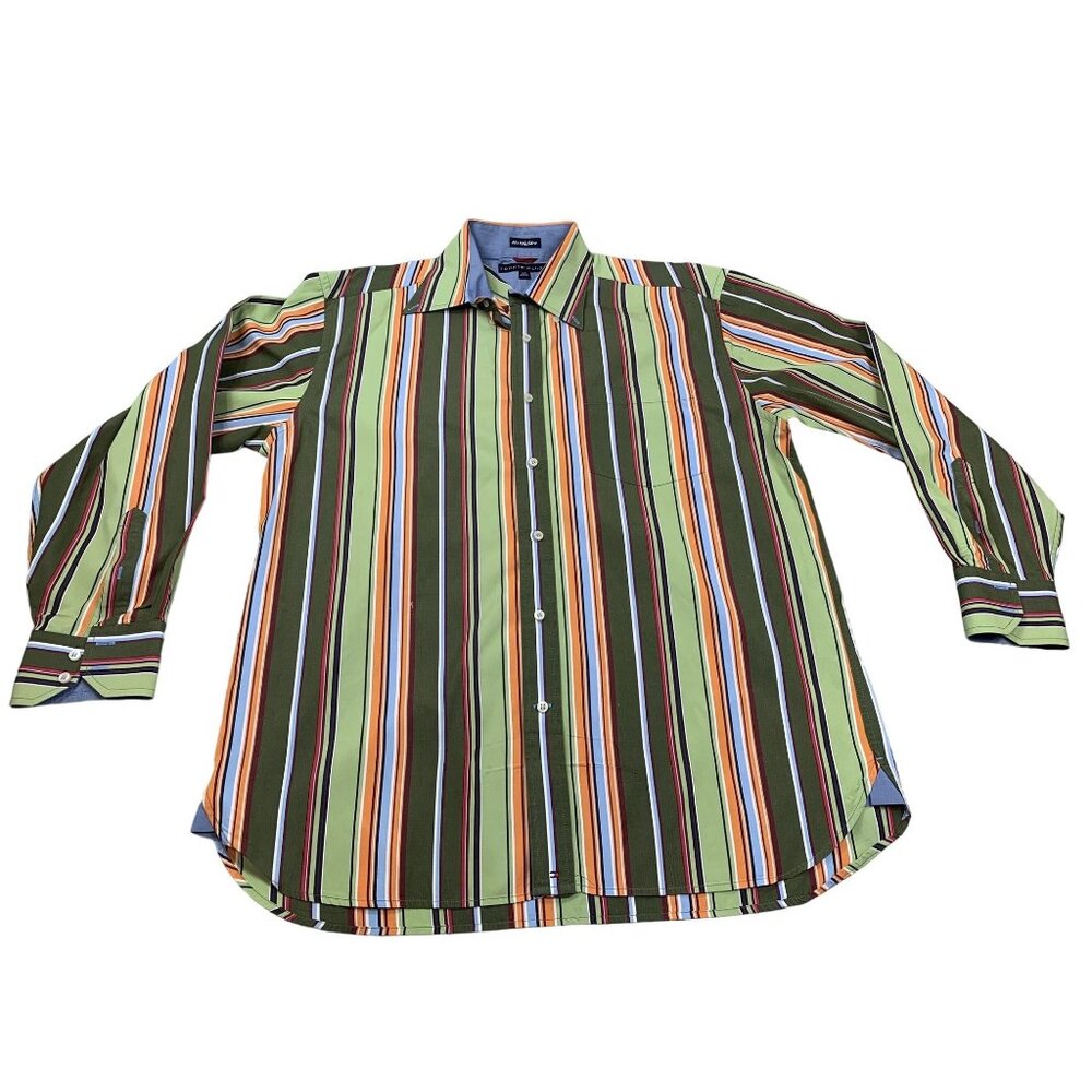 Tommy Hilfiger Mens Large Multicolor Striped Button-Down Shirt 80's 2 Ply Fabric